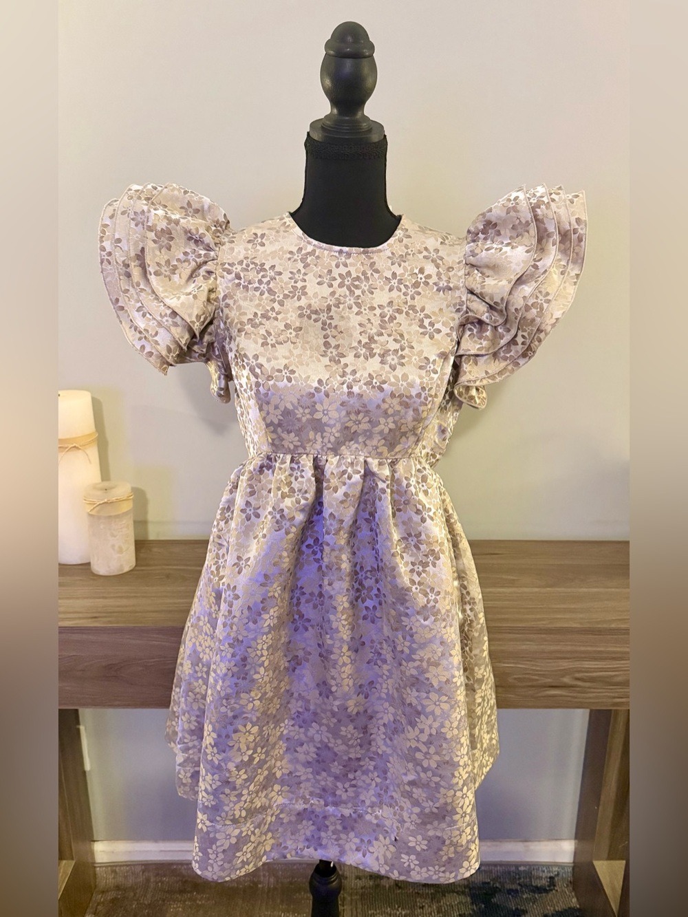 STORIA Floral Jacquard Puff Sleeve Coquette Cottagecore Mini Babydoll Dress M